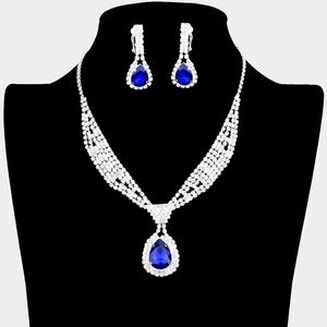 Sapphire Teardrop Rhinestone Crystal Necklace Set Earrings Formal Bling Jewelry